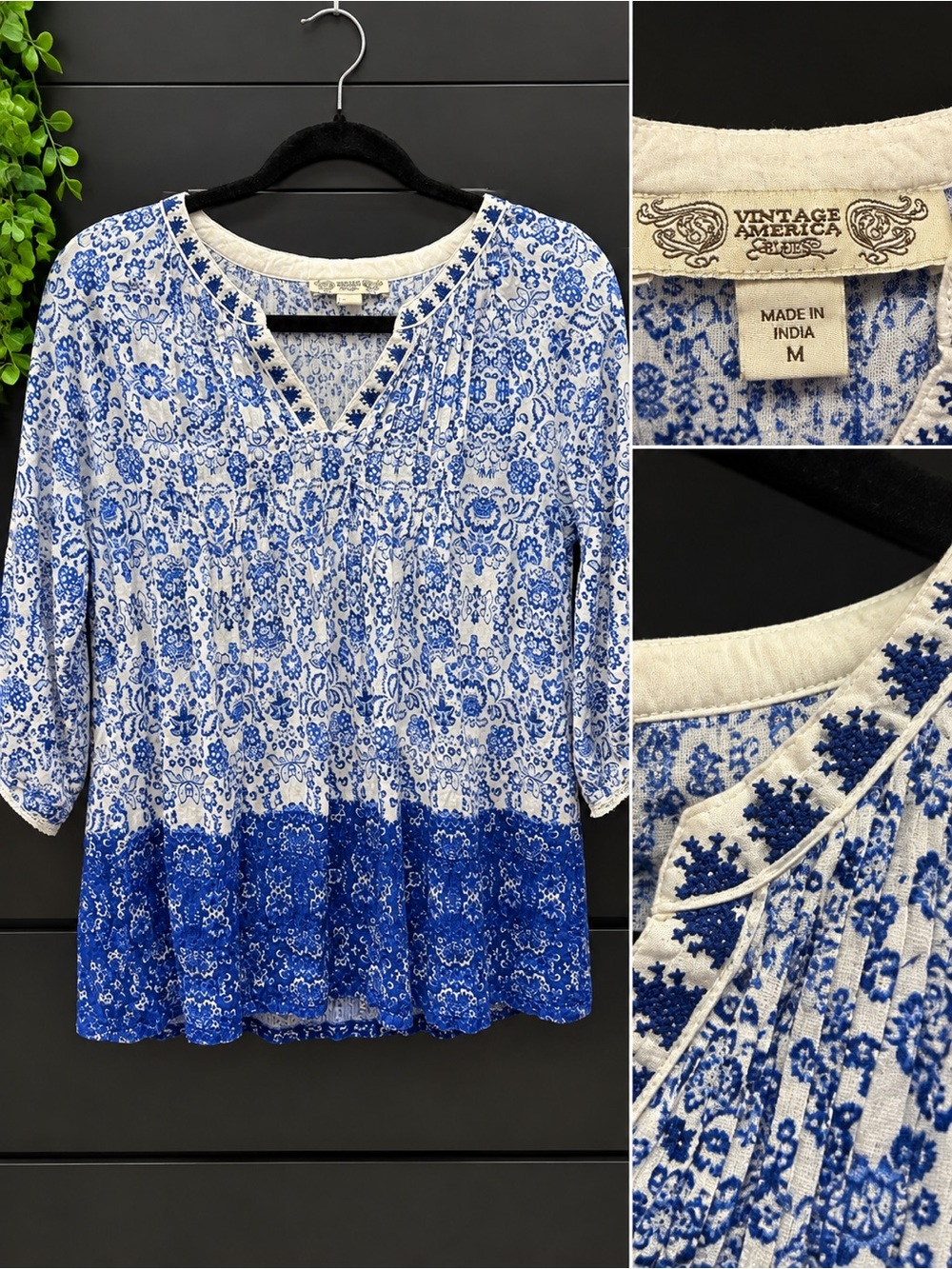 Vintage America White & Blue Floral Peasant Tunic